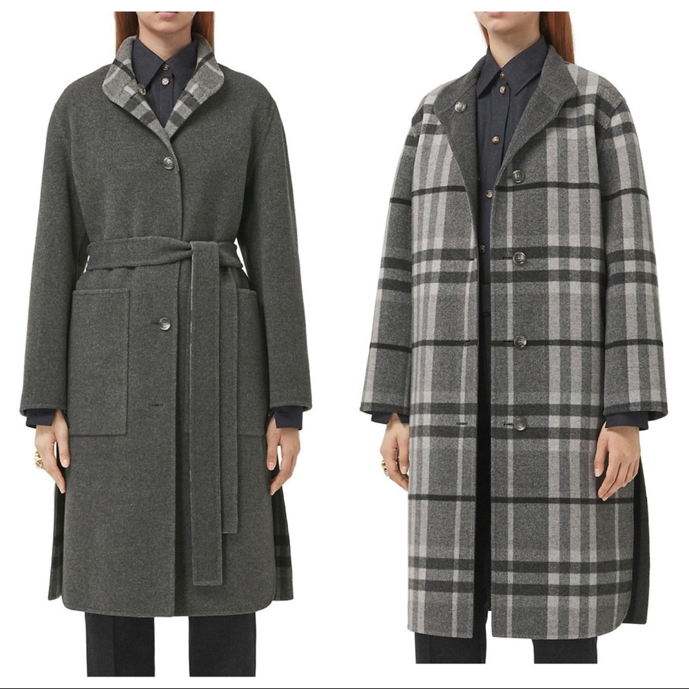 Burberry vassal reversible check wool grey coat gray current